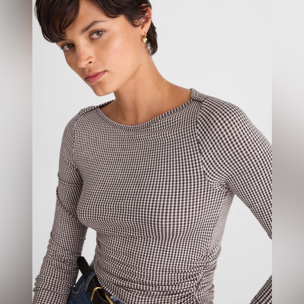 NWT Madewell Women's Ruched Crewneck Long-Sleeve Black and White Houndstooth Top - Picture 5 of 13
